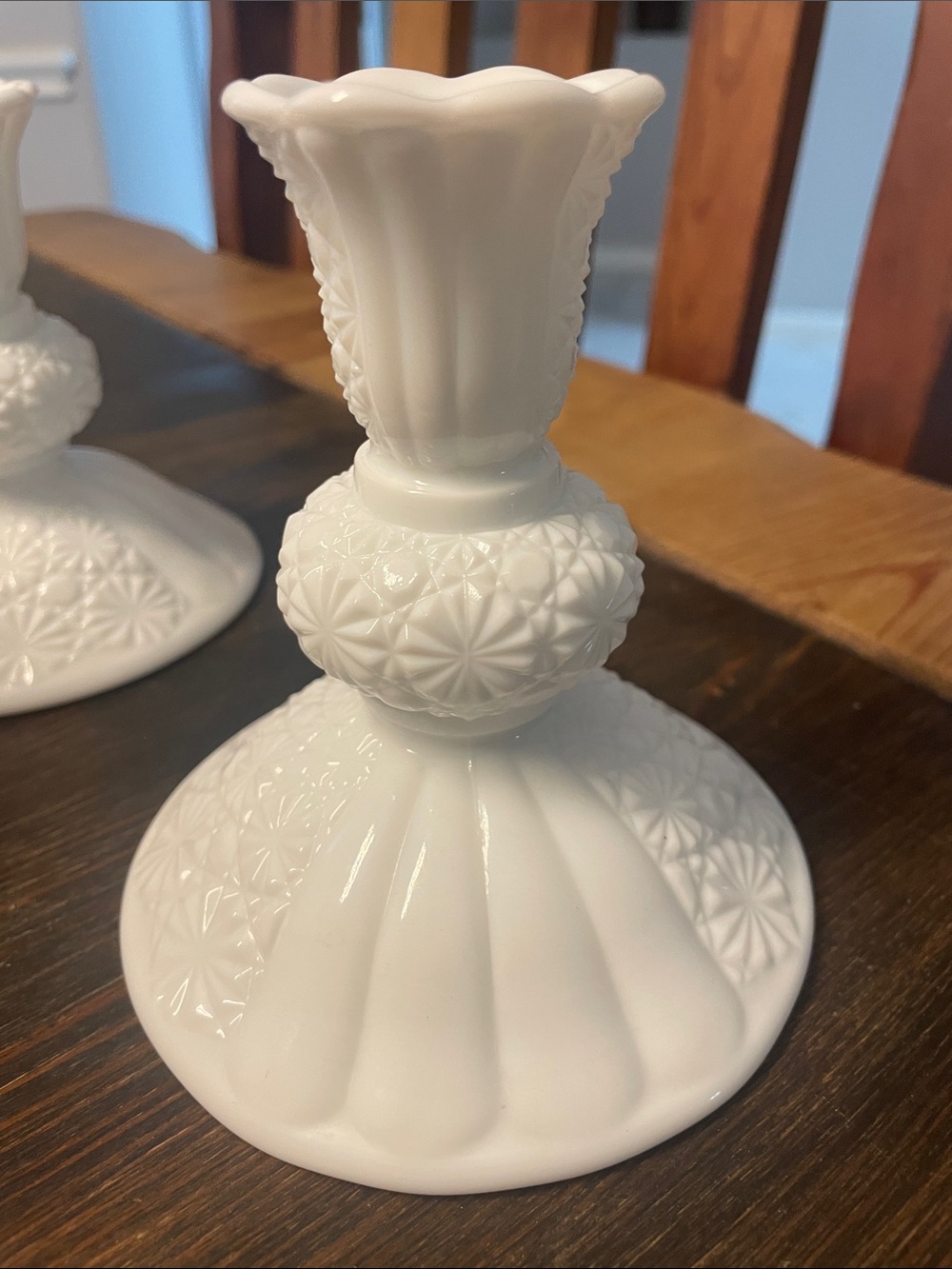Vintage White Milk Glass Candlestick Pair - Elegant Floral Pattern - Picture 6 of 10